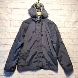 Roxy Jacket Womens Medium Gray Hooded Nylon Faux Fur Lined Winter Ski Coat Y2K